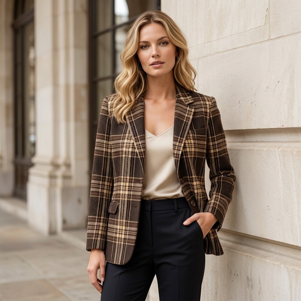 VTG Worthington Brown Plaid Wool Blend Blazer Jacket Womens Size 14 Herringbone